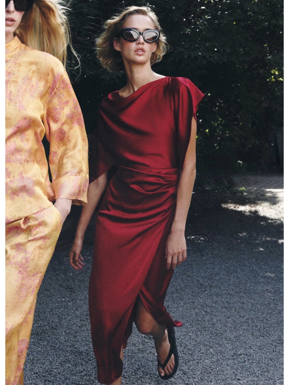 Women's Draped Satin Midi Dress in Red